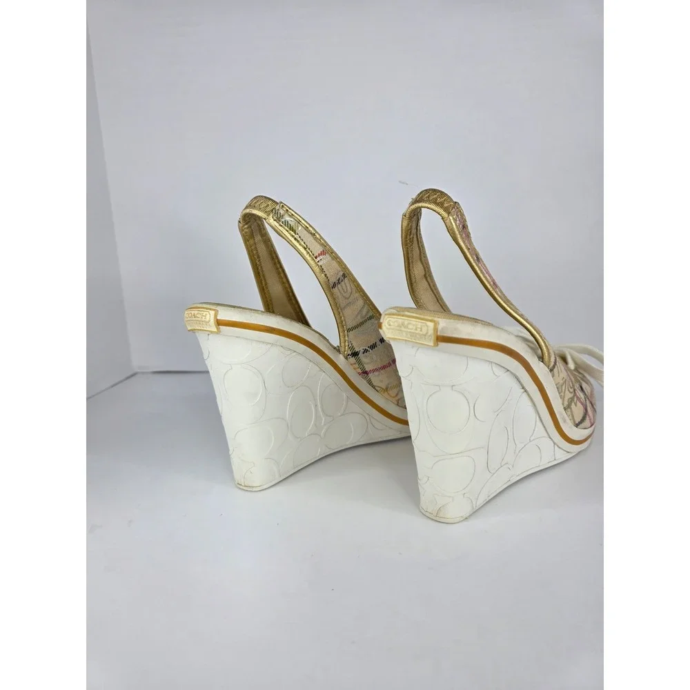 Coach Emilanna Wedge Sandals Womens 8.5B  Multi Plaid Canvas Gold Slingback